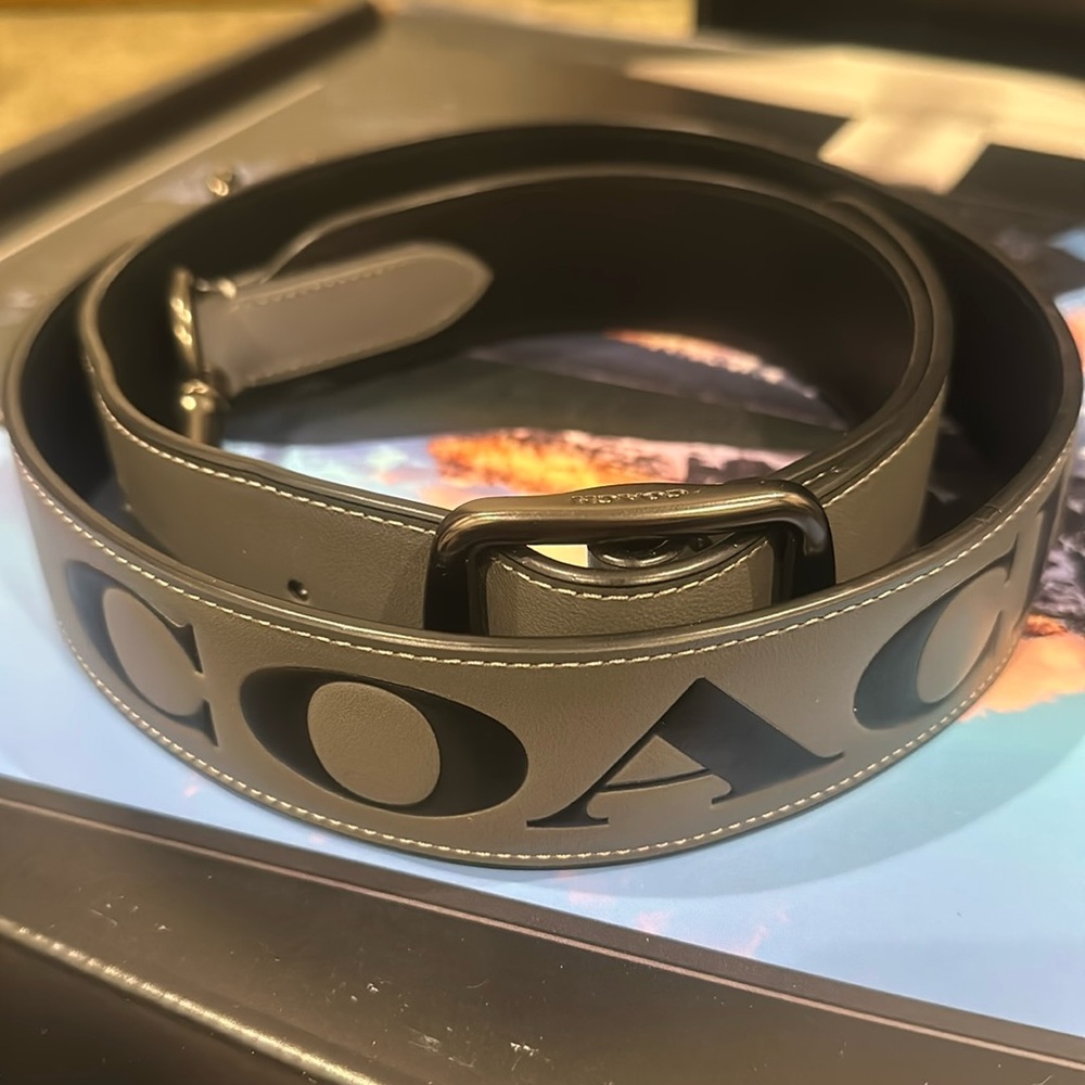 Coach gray leather bag strap with black Coach lettering